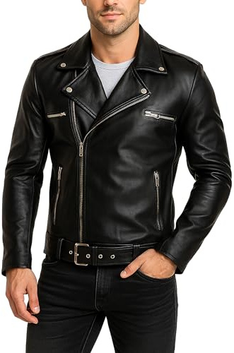 Fashion_First Veste de Moto Motard en Cuir Noir pour Homme - Veste en Cuir Synthétique/Véritable Style Brando pour Hommes, cuir noir, S