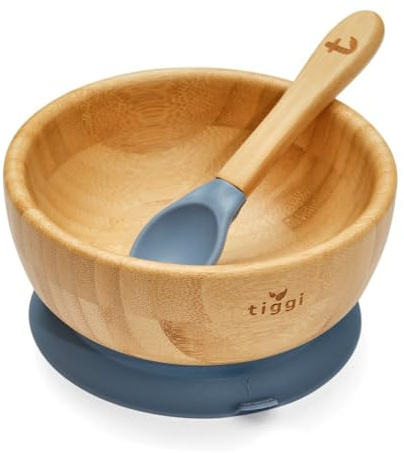 Tiggi Bamboo Baby Bowl from Suction Base Baby Weaning Bowl (Dusky Blue)