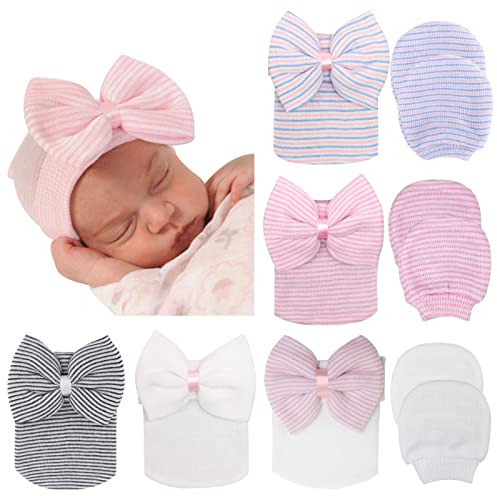 DRESHOW Neugeborene Baby Mütze Fäustlinge Krankenhaus Hut Beanie Säuglingshüte mit Schleife Baby Handschuhe