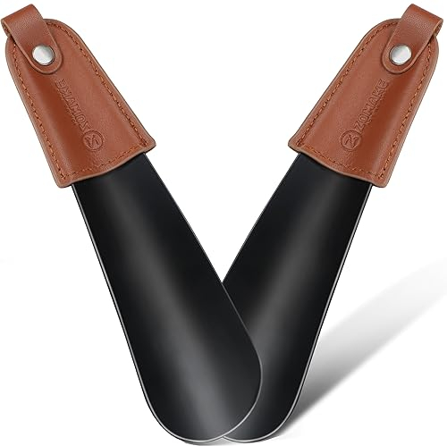 ZOMAKE Mini Schuhlöffel Klein Metall - Kurz Schuhanzieher Edelstahl Shoe Horn 17cm,2er Pack Kleiner Schuhlöffel mit Ledergriff(Schwarz)