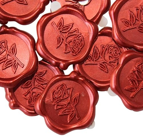 Pilloze 50pcs Red Rose Wax Seal Stickers, Rose Wax Seal, Red Rose Stickers for Envelopes, Waterproof, for Wedding Invitation, Christmas