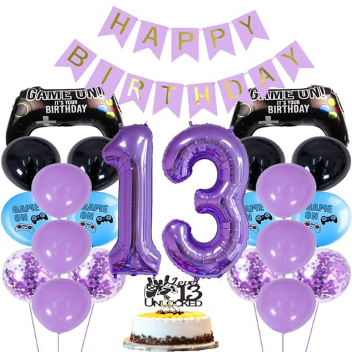 ZWWsullo Globo de aire para 13 cumpleaños para niño, controlador de juegos, globos para videojuegos, fiestas, cumpleaños, decoración de 13 años (negro y lila), decoración de cumpleaños para niño