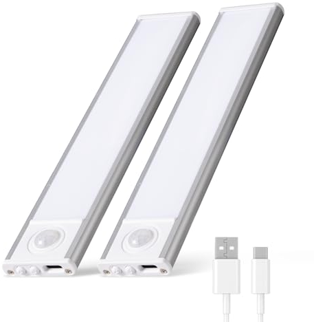 Unterbauleuchte Küche LED 20cm 2 Stück, Unterschrank Beleuchtung Kabellos Aufladbarer Akku Lichtleiste USB, Schrankbeleuchtung für Küche, Silver