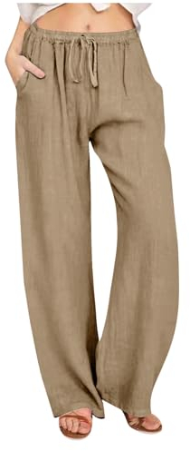 Awrvia Leinenhose Damen Sommer Freizeit Hose Lang Locker Sommerhose Casual Einfarbig Stoffhose Baumwolle Gerades Bein Jogginghose Bequeme Traininghose Leicht Strandhose mit Kordelzug und Taschen