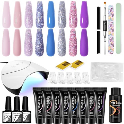 VANREESA Gel de Extensión de Uñas Completo Set, 8 Colores 15ml Flashboard Azul Púrpura Claro Kit Uñas de Gel con 36W Lampara y Base Top Coat, Regali per Mujeres