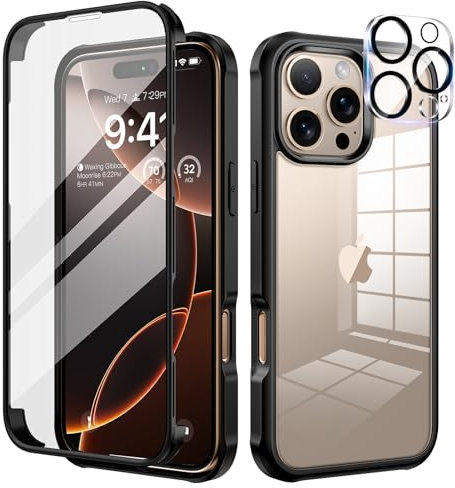 seacosmo Coque pour iPhone 16 Pro 6,3 Pouces, Antichoc Housse avec [Verre Trempé et Caméra Protecteur] 360° Protégé Etui Double Face Case Robuste Transparent Intégrale Coque pour iPhone 16 Pro - Noir