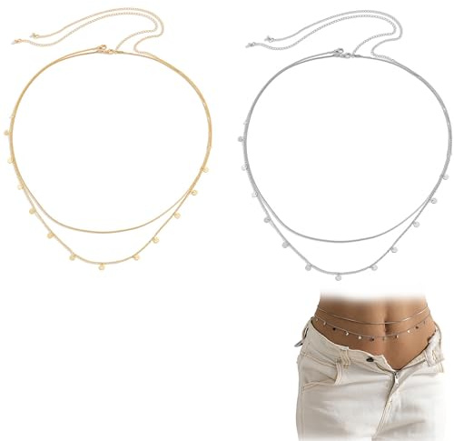 MAEXUS 2 stycken magkedjor, kroppskedja guld för kvinnor, bikini-magkedjor, kroppskedja, silver, sommarstrand-smycken, magkedja för kvinnor, kedja, cm, Ädelmetall, Cinnabar
