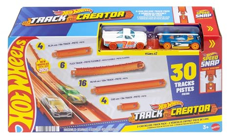Hot Wheels - Juego de pistas de pista Deluxe Track Creator con 2 vehículos a escala 1/64, 7,5 metros de pistas Speed Snap de diferentes longitudes y 2 adaptadores, JDW42