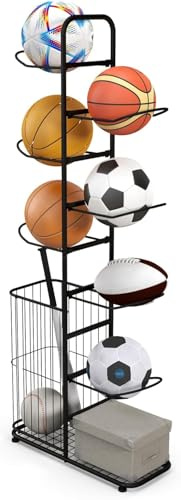 GOPLUS Soporte Universal de 7 Niveles, Soporte Vertical con Cesta Lateral y Barras Colgantes Extraíbles, Estante de Metal para Fútbol, Baloncesto, Voleibol, Rugby, Negro