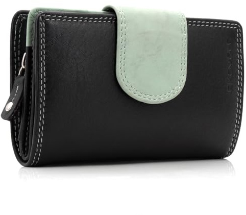 ekavale Geldbörse aus echtem Leder für Damen, Frauen Geldbeutel, Portemonnaie RFID (Schwarz-Antik-Minze)