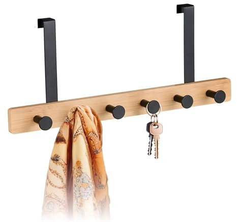 Relaxdays Türgarderobe, 6 Haken, Hakenleiste zum Einhängen, für 2 cm Tür, Bambus & Metall, Kleiderhaken, natur/schwarz