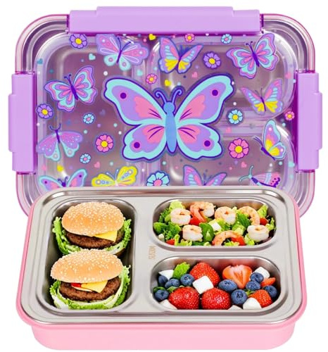 PinkSheep rostfritt stål Bento lunchlåda för barn, 710 ml/26 oz BPA-fri läckagesäker barnmatbehållare med 3 fack, tillbaka till skolan studenter daghem lunchlåda mellanmål behållare