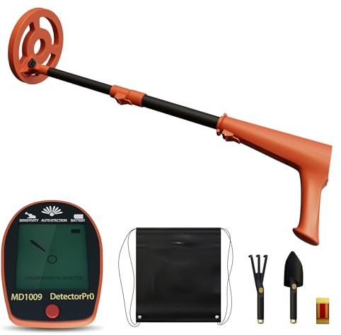 XMTECH Barn metalldetektor orange, justerbar skattsökare med vattentät 16,5 cm sökspole, LCD-skärm, signal, inklusive spade och bärväska, metalldetektor för barn och vuxna