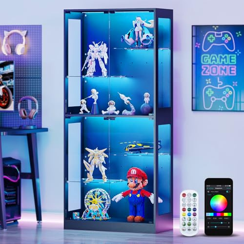 Lamtor Display Cabinets with Glass Door - 69 Glass Display Case with Lights 6000+ RGB, APP & Remote Control, Curio Cabinet with Adjustable Shelves, Collections Living Room Kitchen, Black