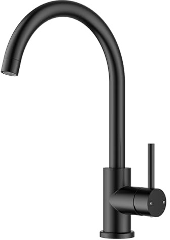 FORIOUS Grifo Cocina, Grifo Monomando Cocina, Acero Inoxidable Giratorio 360°, Grifo de Cocina Fregadero Monomando de Agua Fría y Caliente, Negro Mate, Altura del Pico 238 mm, Caño Curvo