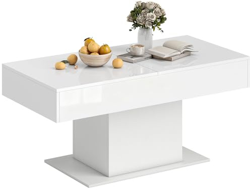 HOMCOM Tavolino da Caffè Estensibile con Vano Contenitore, Tavolino Salotto Allungabile Moderno con Piedini Antiscivolo, Tavolo Soggiorno per Casa Ufficio, 108-178.5x53x49 cm, Bianco Lucido