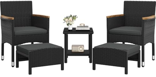 Yaheetech 5er Set Rattan Gartenmöbel Balkonmöbel Terassenmöbel Außen Kleiner Balkon mit 2 Einzelsofas & 2 Fußhocker & 1 Kaffeetisch, Schwarz & Grau
