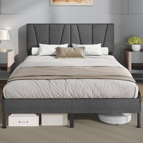 Hzuaneri Cadre de Lit 140 × 190cm, Lit 2 Personnes, Cadre de Lit Double avec Tête de Lit Rembourrée, Lit Double avec Sommier à Lattes Métalliques, Gris Foncé, BF40199B
