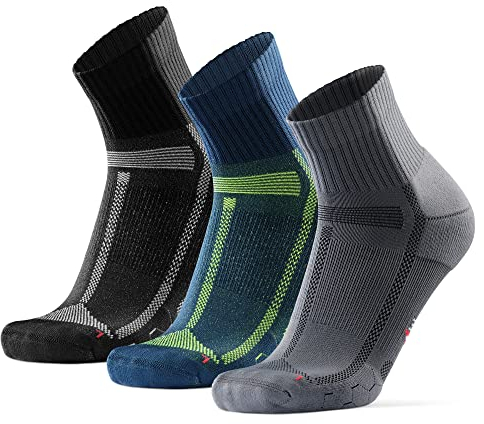 DANISH ENDURANCE 3 Paar Quarter Laufsocken,Knöchelhohe Sportsocken für lange Distanzen, Unisex, Damen & Herren, 1 Schwarz/Grau, 1 Blau/Gelb, 1 Grau/Schwarz, 43-47