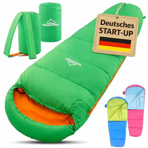 MOUNTREX Sacco a pelo per bambini – portatile come uno zaino (175 x 70 x 45 cm) – per esterni, viaggi, campeggio, sacco a pelo leggero e compatto – 100% cotone fodera interna