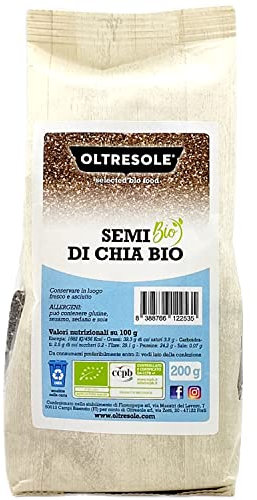 Oltresole - Semi di Chia Biologici 200 g - semi oleosi bio crudi, fonte di proteine e fibre, naturalmente senza glutine, ideali per insalate o arricchire prodotti da forno