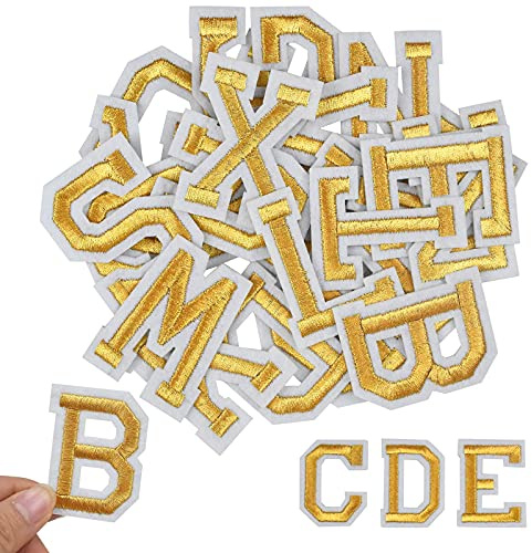 Jinlaili 52 Piezas Parches Bordados de Letras, Letras Bordadas Doradas, Parches de Apliques de Alfabeto de A-Z, Letras Bordadas de Tela para Coser o Planchar, para Zapatos Sombrero Bolsa Ropa