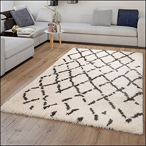 TT Home Alfombra Pelo Largo Shaggy Estilo Flokati Motivo Rombos Gris Blanco, Tamaño:60x90 cm