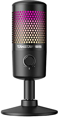 Takstar USB Gaming Microphone, RGB Computer Gaming Mic, OTG, Real-Time Monitoring, Noise Canceling, Mute Button, Condenser Microphone for Live-Streaming YouTube PS4/PS5 Mac iOS Android GX1