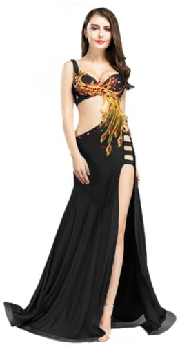 ROYAL SMEELA Magdansklänning BH och kjol magdans magdans klänning damer utsökt Phoenix Totem kostym set sexig klänning lång magdans klänning, Svart, M