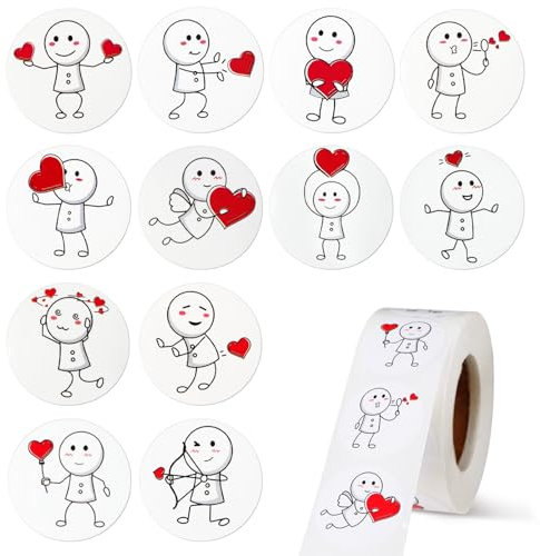 GEBETTER 500Pcs Pegatinas San Valentín, Corazones Rojos Figuras Palito, Amor Divertidas, Etiquetas Adhesivas Regalos Aniversario Boda Cumpleaños Navidad, 12 Modelos 2.5cm 1 Rollo