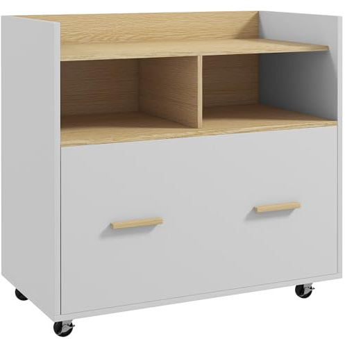 Vinsetto Commode de bureau - Armoire de bureau mobile avec roulettes - Barres suspendues pour format A4 et 2 compartiments pour studio salon - 76 x 40 x 75,5 cm - Chêne et blanc