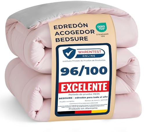 Bedsure Edredón Cama 90 Acolchado - 135x200 cm Relleno Nórdico 300gr/m², Microfibra Hipoalergénica, Certificado Oeko-Tex, Confort para Todo El Año, Lavable a Máquina Rosa/Gris