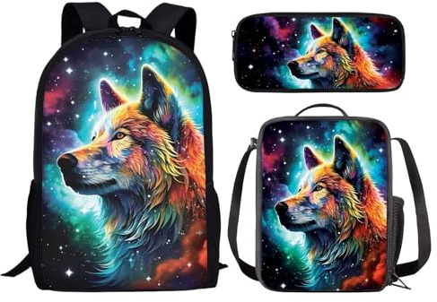 chaqlin Lot de 3 sacs d'école pour enfants avec sac à déjeuner, trousse à crayons, motif animal, dinosaure, loup, football, sacs à livres pour garçons et filles, Motif loup de nuit galaxie, Taille