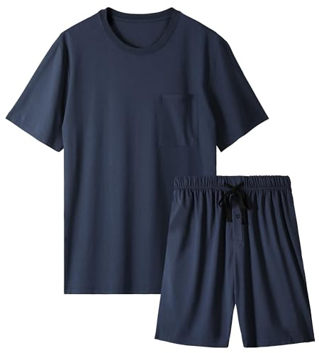BAMBOO COOL Mens Pajama Set Sleepwear Pjs Lightweight Short Sleeve Shirts Soft Breathable Fresh Sleep Sets with Pockets S-3XL A-blue