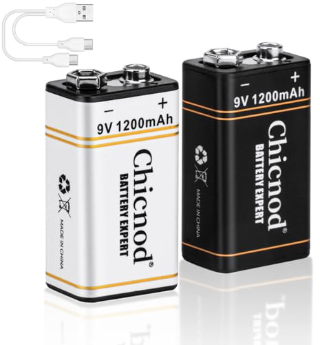 CHICNOD 9V Batteries-Li-ion Rechargeable 9V Batteries,1200mAh Capacity 9Volt Battery 2Pack Lithium Battery for Smoke Alarms, RC Toys Walkie-Talkie 2Colors Black+White