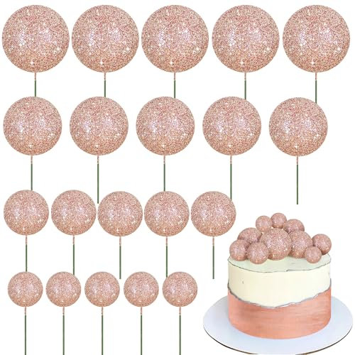 BEISHIDA 20 PCS Rose Gold Glitter Bling Mini Ball Cake Toppers Foam Cake Balls Decoration Supplies for Happy Birthday Anniversary Wedding Baby Shower Graduation Christmas Cake Decorations