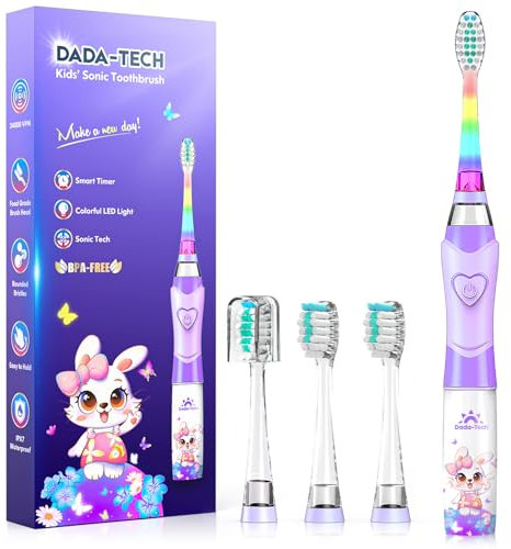 Kids Electric Toothbrush 3-5-6-12, Toddler Toothbrush Girls Electric Toothbrush with Timer Rainbow LED Light Up Sonic Battery Powered Junior Childrens Electric Tooth Brush (Purple Rabbit)