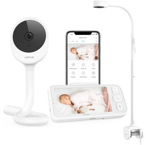 NETVUE Babyphone mit Kamera und 4 in 1 Halterung, 5 Zoll 1080P Babyphone Nachtsicht, Kabellos Baby Monitor mit 2 Wege Audio, App, VOX Modus, Schreierkennung, Schlafanalyse, Temperaturanzeige