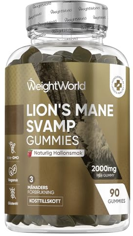 Lejonmanen-gummies - 90 svampgummies för vuxna - 3 månaders förbrukning - 2000 mg högdoserat lejonmanen-tillskott - Veganska med naturlig hallonsmak - WeightWorld