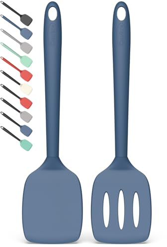 Coukre 2 Pack Silicone Spatula Set, High Heat Resistant, BPA Free Kitchen Spatula, Solid & Slotted Turner for Non-Stick Pans, Sautéing, and Flipping (2, PureDarkBlue)