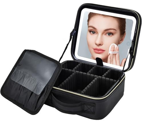 KzRUeb Kosmetikkoffer mit Beleuchtetem Spiegel Schminktasche Reise Make up Tasche Make up Koffer Kosmetiktasche Damen Schminkkoffer Make up Organizer Make up Bag,Schwarz