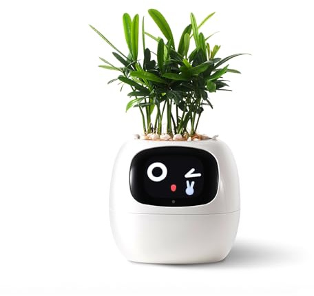 PLANTSIO Vaso da Fiori Intelligente con Display LCD - Fioriera Decorativa per Casa, Compagno Ideale per Piante su Scrivania, Regalo Originali, Adatta anche con Animali Domestici (Bianco)