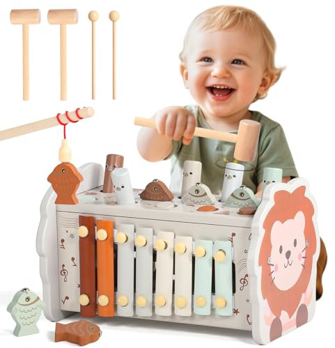 Jouet Bebe 1 an - Jeux Montessori 1 an 4 en 1 Jouet Montessori avec Tape-Taupe Xylophone Bebe Pêche et Labyrinthe Numérique Jouets Enfant 1 ans Educatif en Bois Idéal Cadeau Enfant 1 ans Fille Garçon