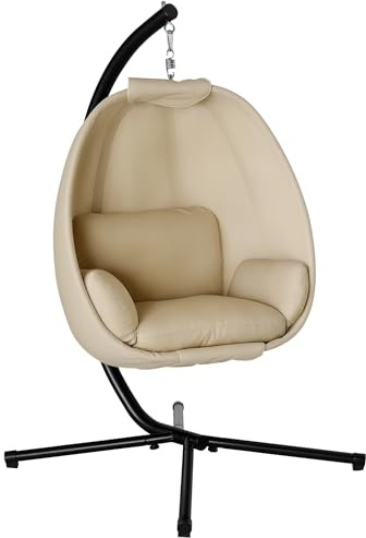 Outsunny Silla Colgante Huevo con Soporte Columpio Jardín Exterior con Cesta Plegable y Cojín Columpio Colgante para Interior y Exterior Carga 120 kg Caqui