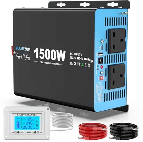FLAMEZUM Inverter12V to 240V 1500w/3000w Peak Pure Sine Wave Power Voltage Converter with 2 AC Outlets,1 USB-A Port,1 USB-C Port,LCD Remote Control,for Motorhomes,Trucks,Boats,Camping