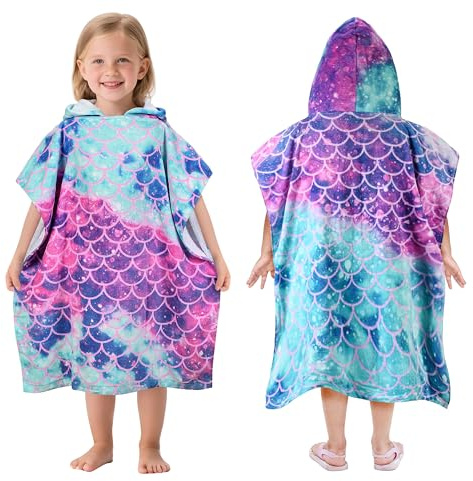 Kato Tirrinia Mermaid Poncho Towels for Child, Surf Beach Bath Swim Hooded Towels for 2-7 Years Girls Toddler Gift,100% Cotton Multicolor