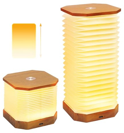 ExKeen Lámpara de noche portátil de madera de nogal, plegable en acordeón con regulador de intensidad, alimentación USB, luz ambiental cálida y luz de lectura para sala de estar, dormitorio y oficina