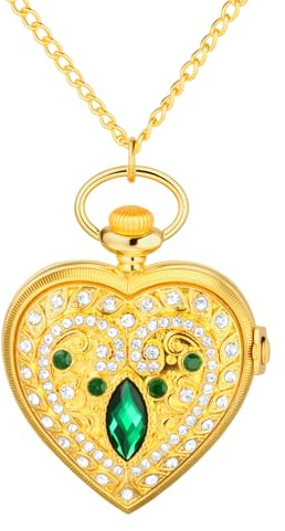 JewelryWe Heart Shaped Pocket Watch: Vintage Quartz Analog Locket Style Pendant Necklace Watches with Rhinestone Accents and 30.7 Chain for Women