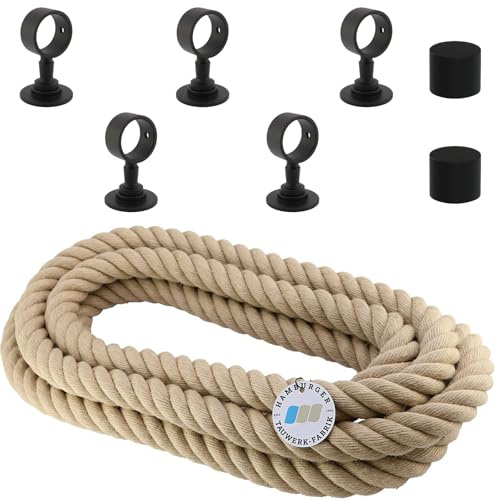 Juego de cuerda para pasamanos de 30 mm de diámetro, 5 m, cuerda de cáñamo natural Nature Touch con 2 tapas y 5 correas de cuerda, color negro mate | Escaleras y barandillas