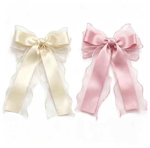 Daxiangsheng Elegant Large Ribbon Long Tail Hair Bow, Pink Beige 2Pcs